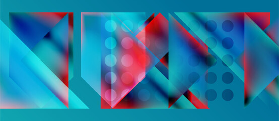 Abstract geometric composition. Vivid blues, reds create dynamic visual effect. Shapes overlap, forming complex pattern. Modern design.