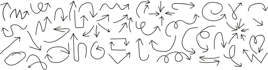 A collection of hand-drawn doodle arrows with various directions and shapes