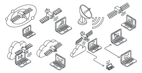 A set of cloud computing and satellite communication icons in minimalist line art vector style, suitable for technology and digital projects