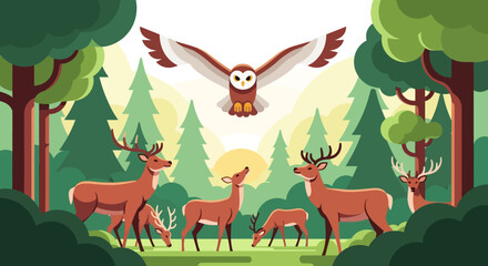 Illustration of a forest with deer grazing and an owl flying overhead during the day