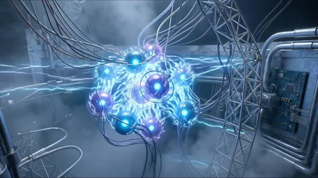Quantum Computing Concept. Close-up of glowing blue and purple qubit spheres suspended in a dense, fog-like atmosphere. Intricate wiring connections. Futuristic technology, ultra-detailed 