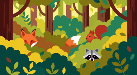 Vector illustration of a forest scene with a fox squirrel and raccoon amidst trees and foliage © punduh