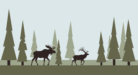 Stylized illustration showcasing a moose and deer amidst a dense evergreen forest landscape during © punduh