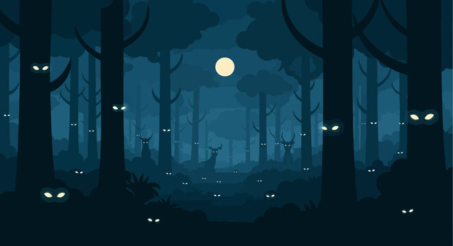 Spooky forest with glowing eyes and deer under a full moon in the night time