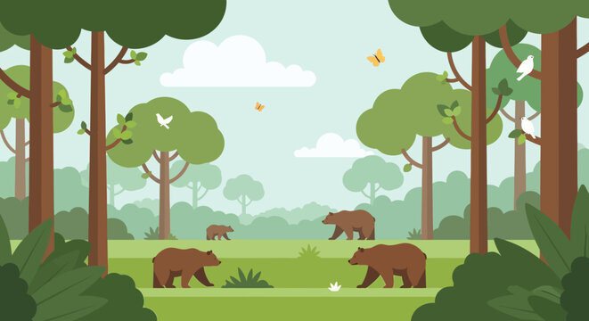 Cartoon forest scene with bears trees birds butterflies and a peaceful atmosphere illustration