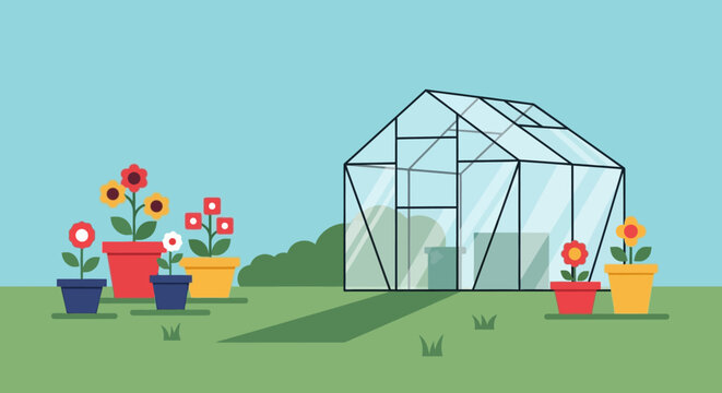 Illustration showcasing a greenhouse with potted flowers in a garden setting design