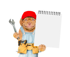 Smiling Mastiff puppy wearing denim overalls with tool belt showing blank notepad and holding wrench. Isolated on white background