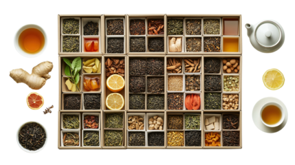 Diverse tea selection displayed in compartments with various flavors and ingredients