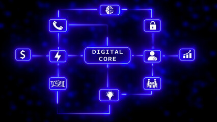 Digital Core Network Diagram with Neon Blue Connections and Icons Keywords: digital core, network diagram, flowchart, connections, icons, digital, futuristic, innovation, communication, security