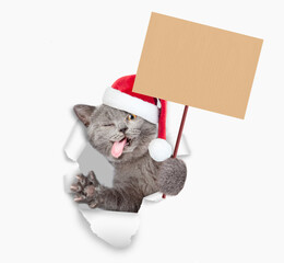 Winking cat  with tongue out wearing red santa hat looking through a hole in white paper and holding blank placard on wooden stick in it paw