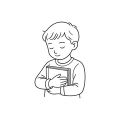  Line Drawing of Child Holding Book with Calm Expression on White Background