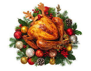 Turkey with Antlers and Scattered Holiday Decorations, Slight Top-Down View, Isolated on Transparent Background (2)