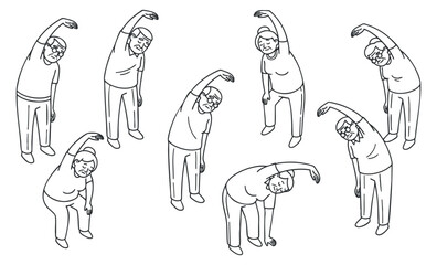 A collection of elderly individuals performing various stretching exercises in minimalistic black and white vector style, perfect for health and wellness projects