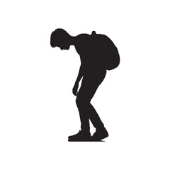  Silhouette of Child Bent Forward with Backpack in Tired Pose on White Background