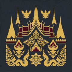 Traditional Thai Heritage Graphic Illustration featuring Golden Temple Architecture, Garuda, Naga, and Intricate Lai Thai Patterns