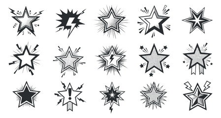A collection of starburst icons in black and white vector style, ideal for graphic design and promotional materials