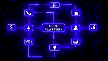 Core Platform Network Diagram with Neon Blue Connections and Icons Keywords: core platform, network diagram, flowchart, connections, icons, digital, futuristic, innovation, communication, security