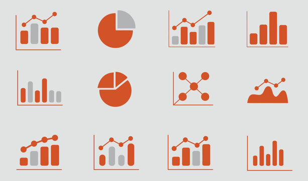 Collection of twelve distinct orange and gray data visualization icons including various bar charts line graphs pie charts and scatter plots for business analytics reporting