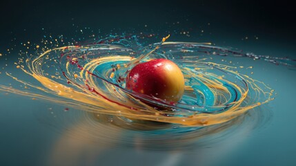 A fresh red apple falls into blue aqua water with a splashing liquid drop, creating healthy bubbles among planets and the solar system in space