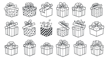A collection of gift boxes with ribbons and bows in black and white outline vector style, suitable for festive designs and celebrations