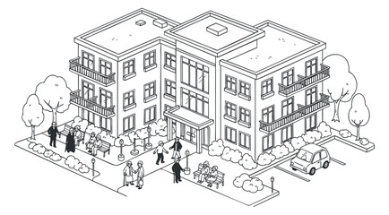 Obraz premium A detailed illustration of a residential building with people engaged in outdoor activities in minimalist line art style, perfect for urban lifestyle themes