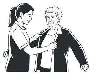 A nurse assisting an elderly woman with care in black and white vector style, ideal for healthcare and community service projects