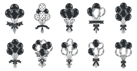A collection of black and white balloon bundles illustrated in a minimalist vector style, perfect for party invitations and decoration design