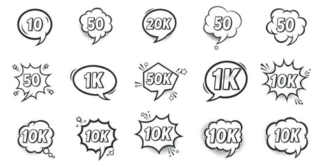 Obraz premium A set of speech bubbles featuring various numbers like 1K, 10K, and 50K in modern black and white outline vector style, suitable for social media graphics and marketing materials