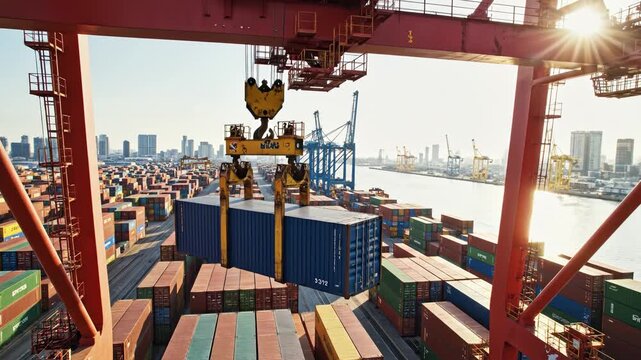 Container port with crane lifting cargo