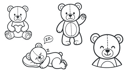 Obraz premium A collection of cute teddy bear illustrations in black and white outline vector style, ideal for children's products and designs