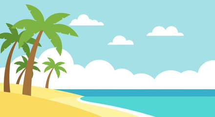 Tropical beach paradise illustration with palm trees clouds and blue sea scenery evoking a sense