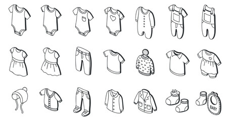 A collection of baby clothing icons including onesies, dresses, hats, and socks in outline vector style, perfect for children's fashion design