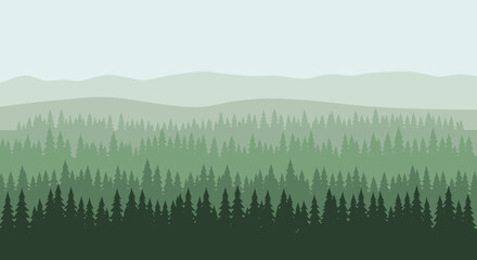 Serene forest landscape with layered trees and distant mountains creating a peaceful scene © M