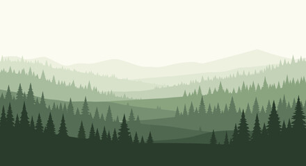 Serene layers of forest and mountains in a muted green vector landscape illustration © M