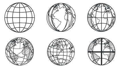 A collection of six globe illustrations in black and white outline vector style, suitable for educational and geographical designs