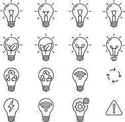 Light bulb idea and energy icon set featuring innovation concepts, eco solutions, smart technology, recycling symbols and warning outline vectors