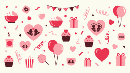 Valentines Day Pink Heart Icons Collection.