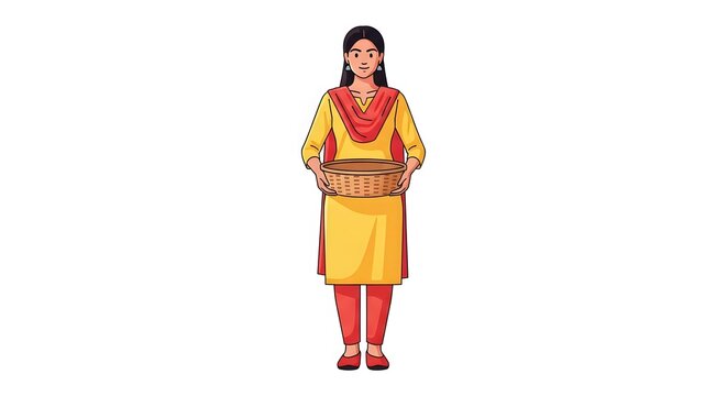 Indian woman in traditional yellow and red salwar suit holding an empty woven basket, vector illustration