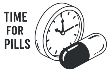A clock displaying time with a capsule pill in black and white outline vector style, ideal for healthcare reminders and medication management