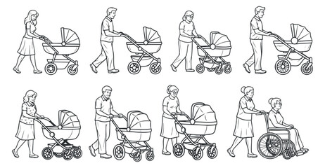 Fototapeta premium A collection of people interacting with strollers and wheelchairs in outline minimalist vector style, ideal for parenting and caregiving themes