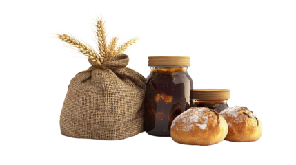 Still life of freshly baked bread, wheat, and homemade jam on black background