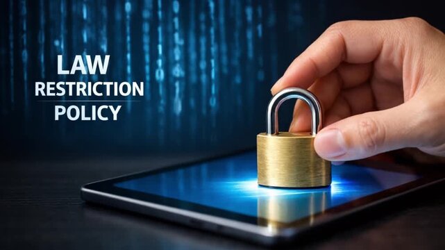 law restriction policy concept. Hand placing a padlock on a tablet with digital data in the background.