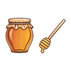 Hand drawn illustration of a glass jar filled with golden honey and a wooden honey dipper isolated on white background