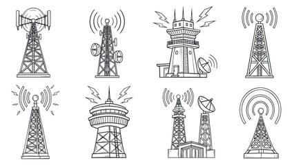 Fototapeta premium A collection of various communication towers and antennas in outline vector style, suitable for technology and engineering projects