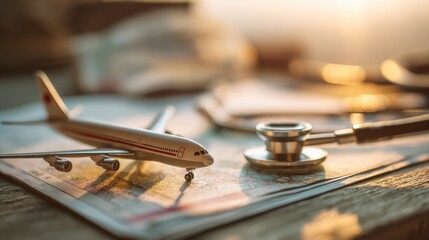 Airplane and stethoscope on map travel concept