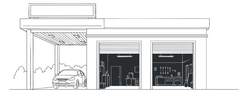 A modern garage exterior with a car parked outside and tools visible inside, in clean black and white outline vector style, suitable for automotive services and home improvement projects