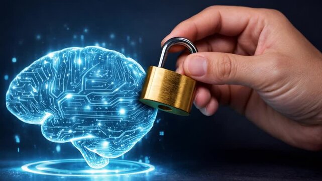 law restriction policy concept. A hand locks a digital brain with a padlock, symbolizing security and technology.