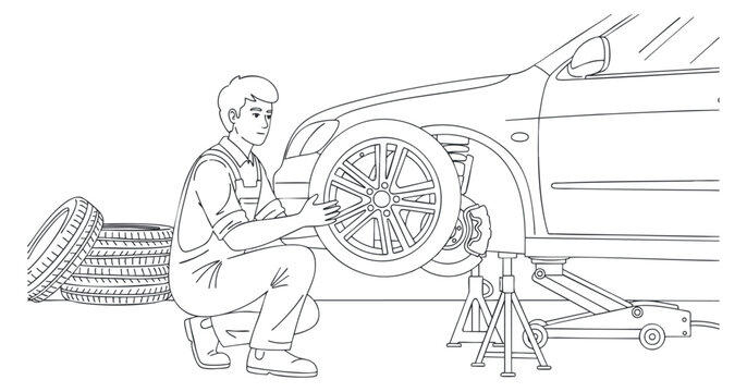 A mechanic working on a car tire in a black and white outline vector style, ideal for automotive service illustrations