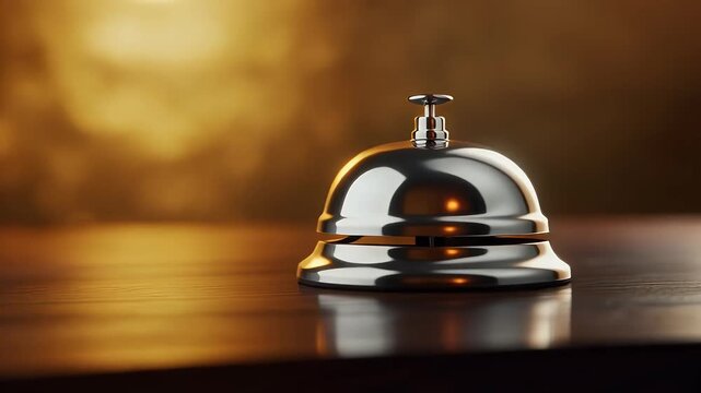 A shiny silver service bell on a wooden counter against a blurred golden background, suggesting hospitality, customer service, and hotel reception concepts.