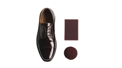 Elegant polished leather shoe on black background with shoe shine accessories